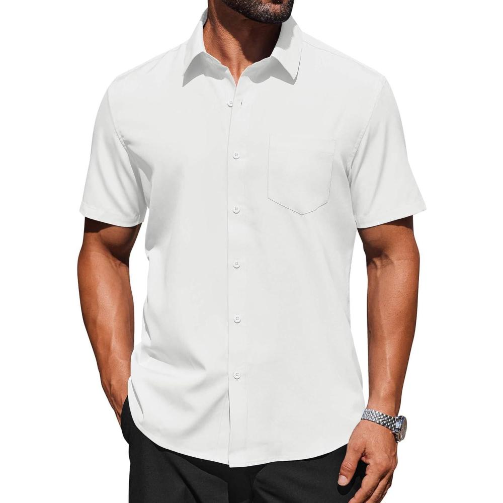 imageCOOFANDY Mens Short Sleeve Button Down Shirts Lightweight Stain Shield Business Casual Dress Shirt Wrinkle FreeWhite
