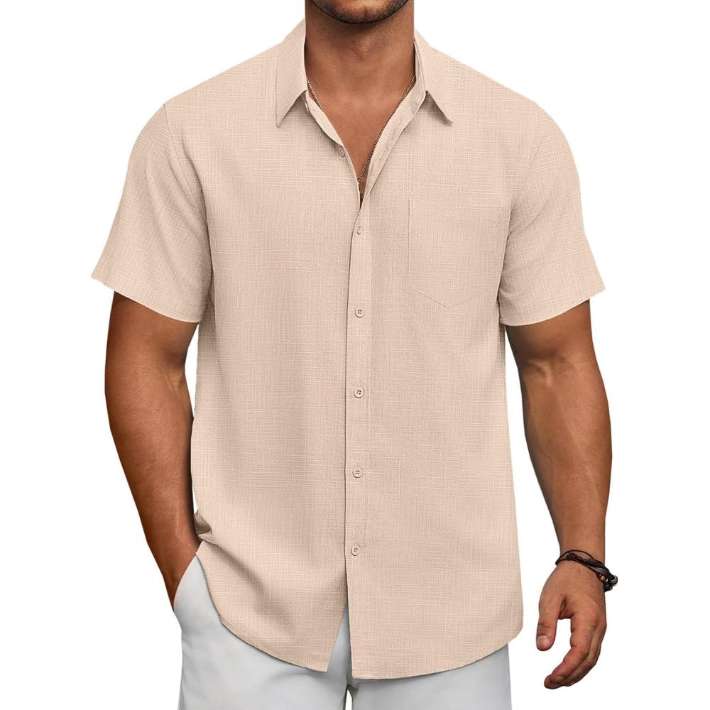 imageCOOFANDY Mens Short Sleeve Button Down Shirts Summer Casual Textured Shirt Vacation Beach Wedding Shirts with PocketBeige