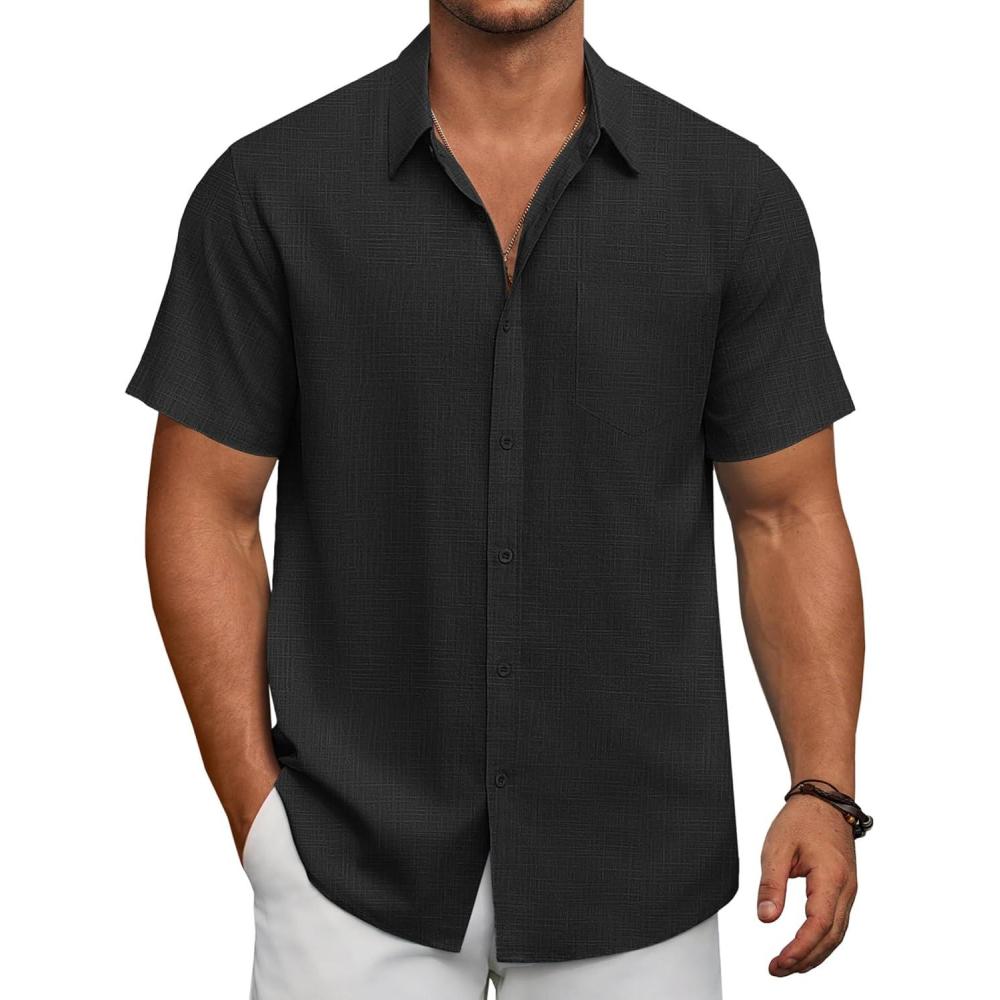 imageCOOFANDY Mens Short Sleeve Button Down Shirts Summer Casual Textured Shirt Vacation Beach Wedding Shirts with PocketBlack