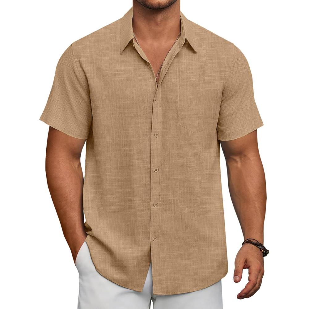 imageCOOFANDY Mens Short Sleeve Button Down Shirts Summer Casual Textured Shirt Vacation Beach Wedding Shirts with PocketKhaki