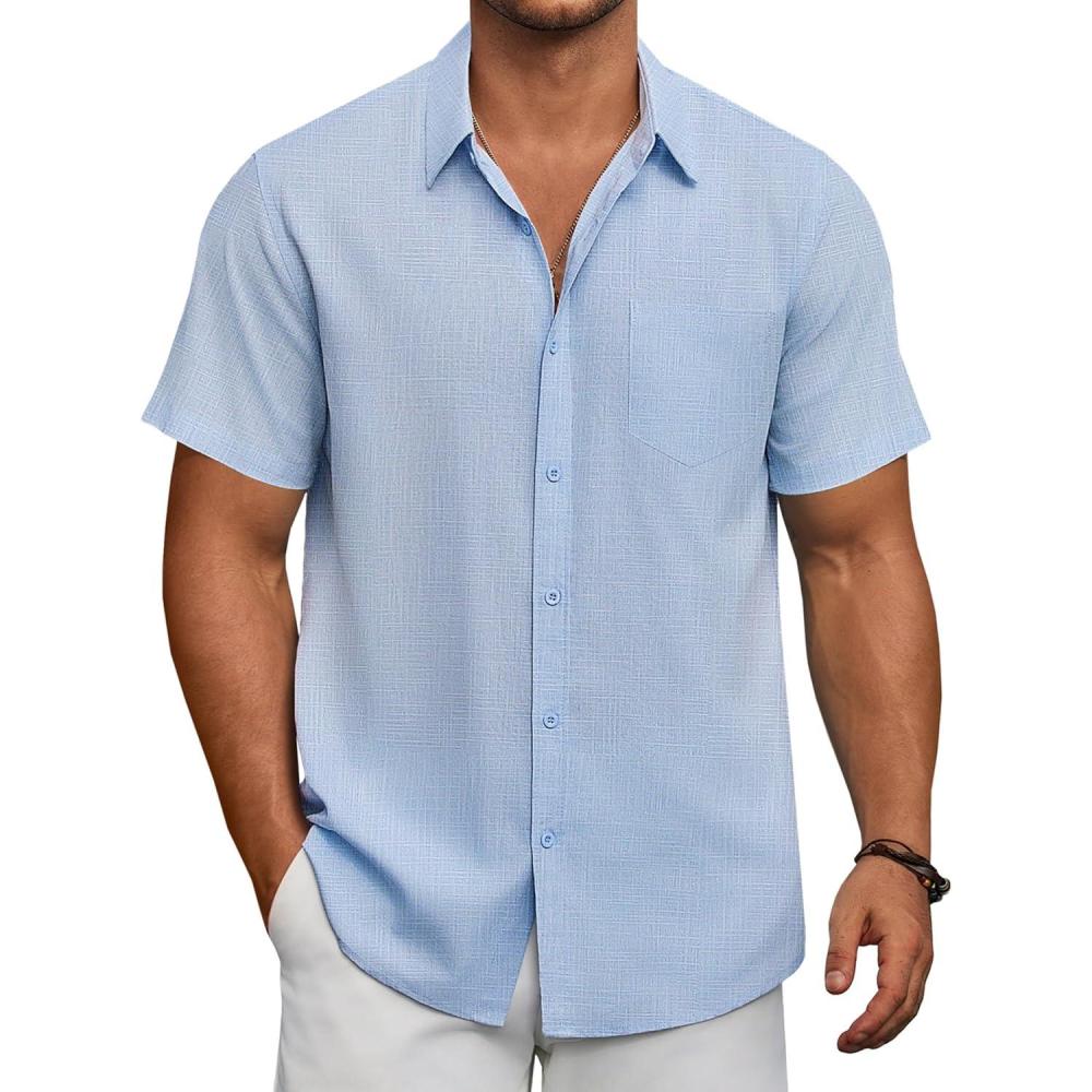 imageCOOFANDY Mens Short Sleeve Button Down Shirts Summer Casual Textured Shirt Vacation Beach Wedding Shirts with PocketLight Blue