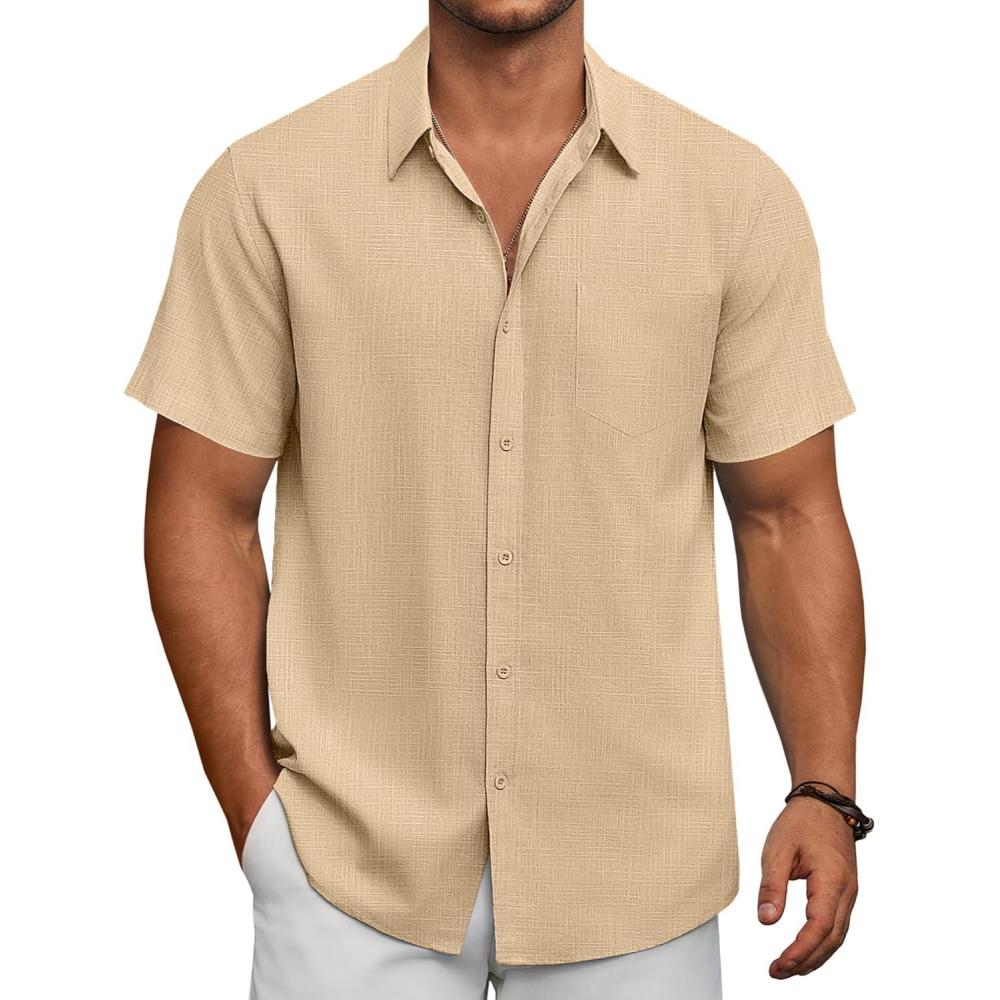 imageCOOFANDY Mens Short Sleeve Button Down Shirts Summer Casual Textured Shirt Vacation Beach Wedding Shirts with PocketLight Khaki