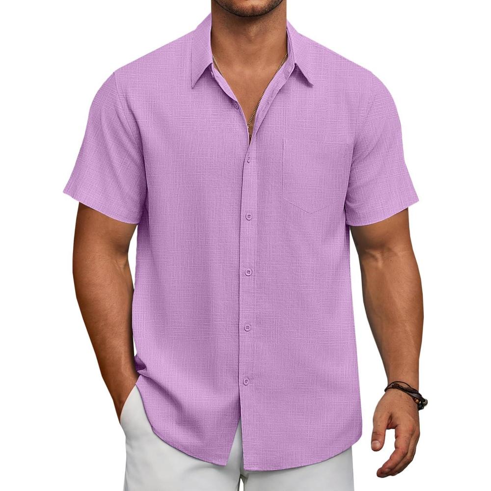 imageCOOFANDY Mens Short Sleeve Button Down Shirts Summer Casual Textured Shirt Vacation Beach Wedding Shirts with PocketLight Purple