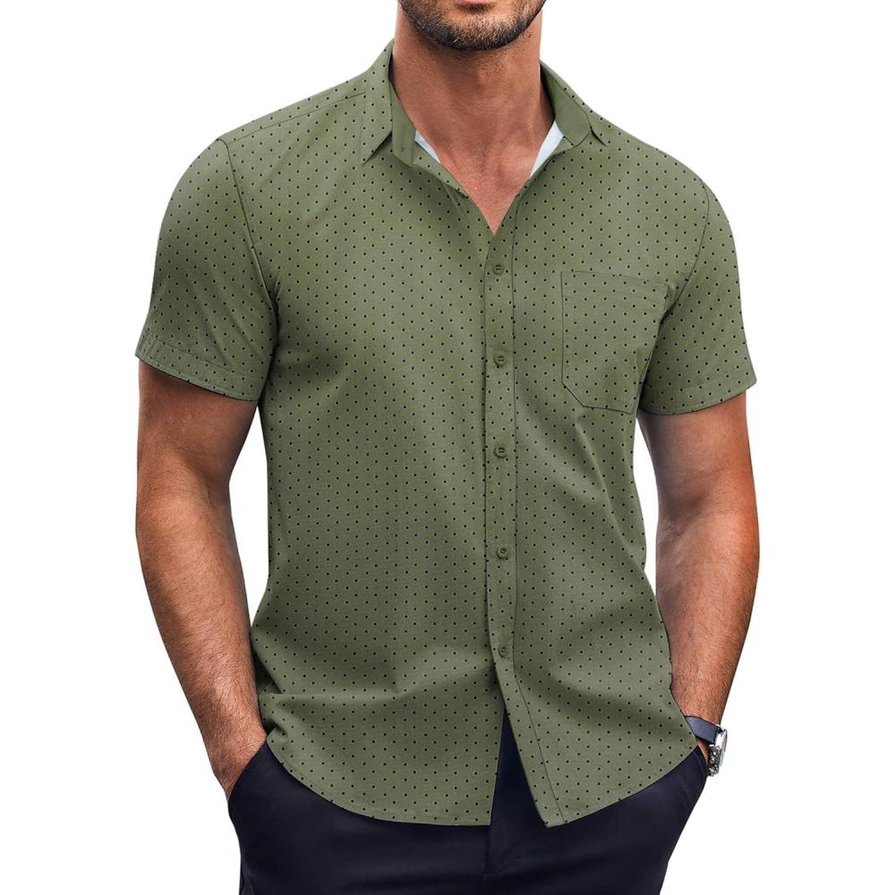 imageCOOFANDY Mens Short Sleeve Button Down Shirts Wrinkle Free Dress Shirts Casual Polka Dot Print Shirt with PocketArmy Green
