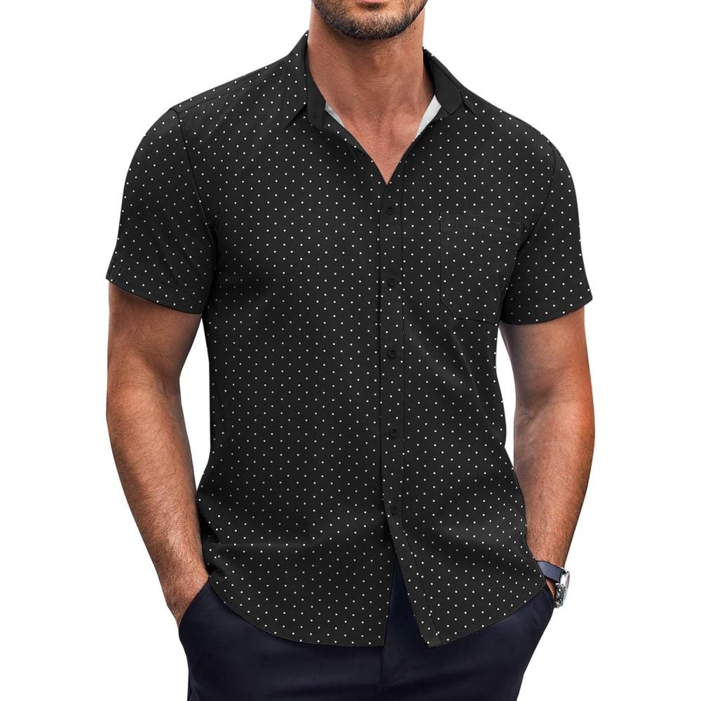 imageCOOFANDY Mens Short Sleeve Button Down Shirts Wrinkle Free Dress Shirts Casual Polka Dot Print Shirt with PocketBlack