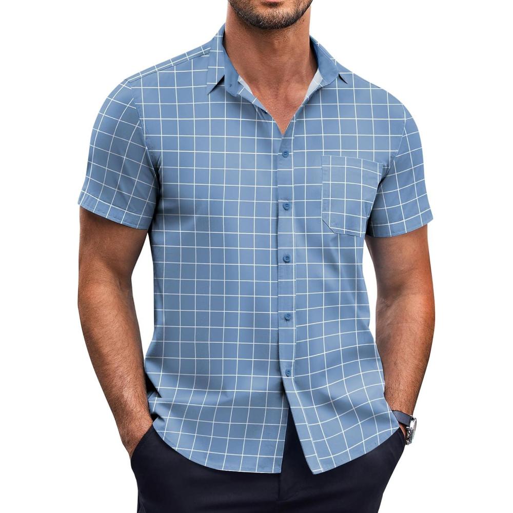 imageCOOFANDY Mens Short Sleeve Button Down Shirts Wrinkle Free Dress Shirts Casual Polka Dot Print Shirt with PocketBlue Plaid