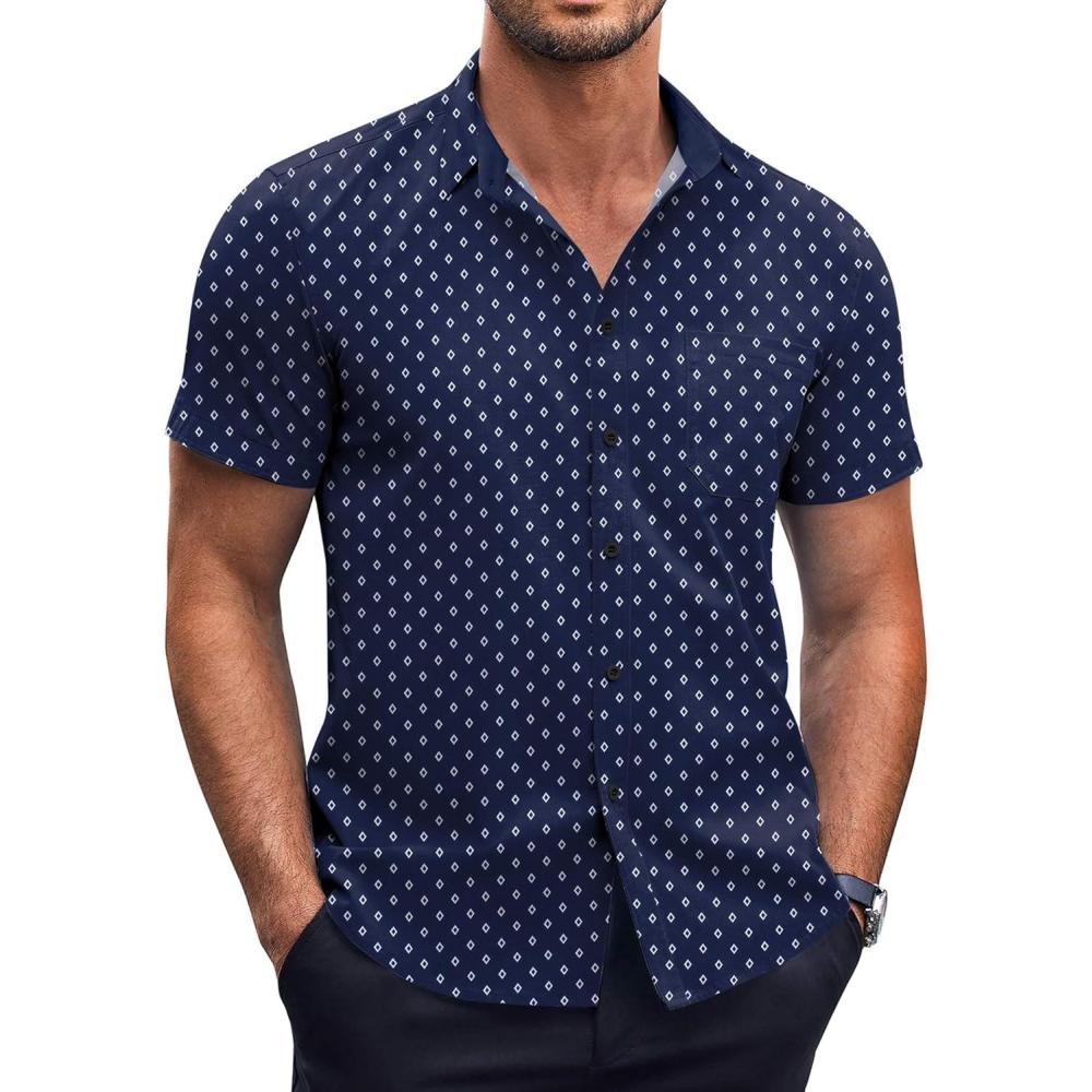 imageCOOFANDY Mens Short Sleeve Button Down Shirts Wrinkle Free Dress Shirts Casual Polka Dot Print Shirt with PocketBluerhombic