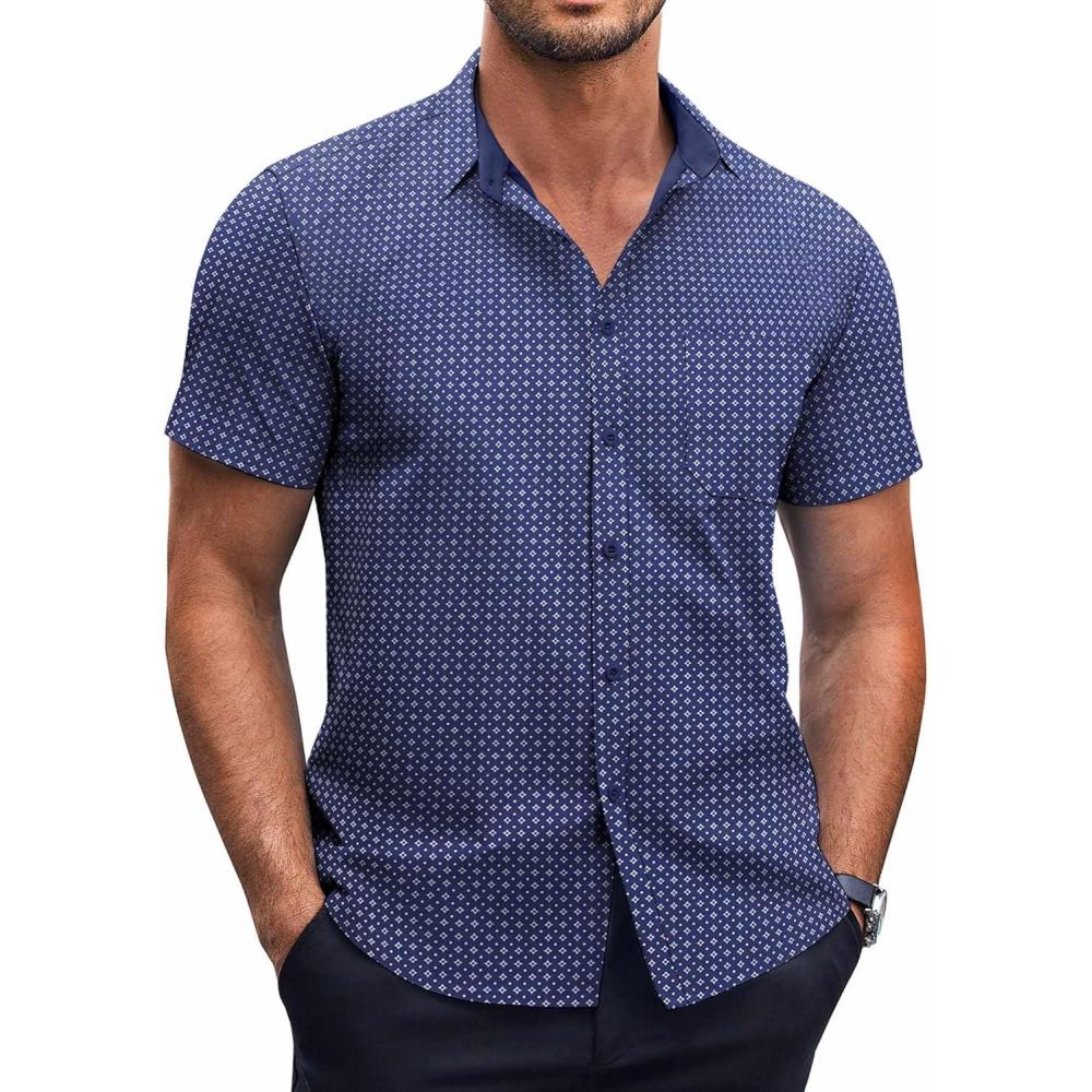 imageCOOFANDY Mens Short Sleeve Button Down Shirts Wrinkle Free Dress Shirts Casual Polka Dot Print Shirt with PocketBluesquare