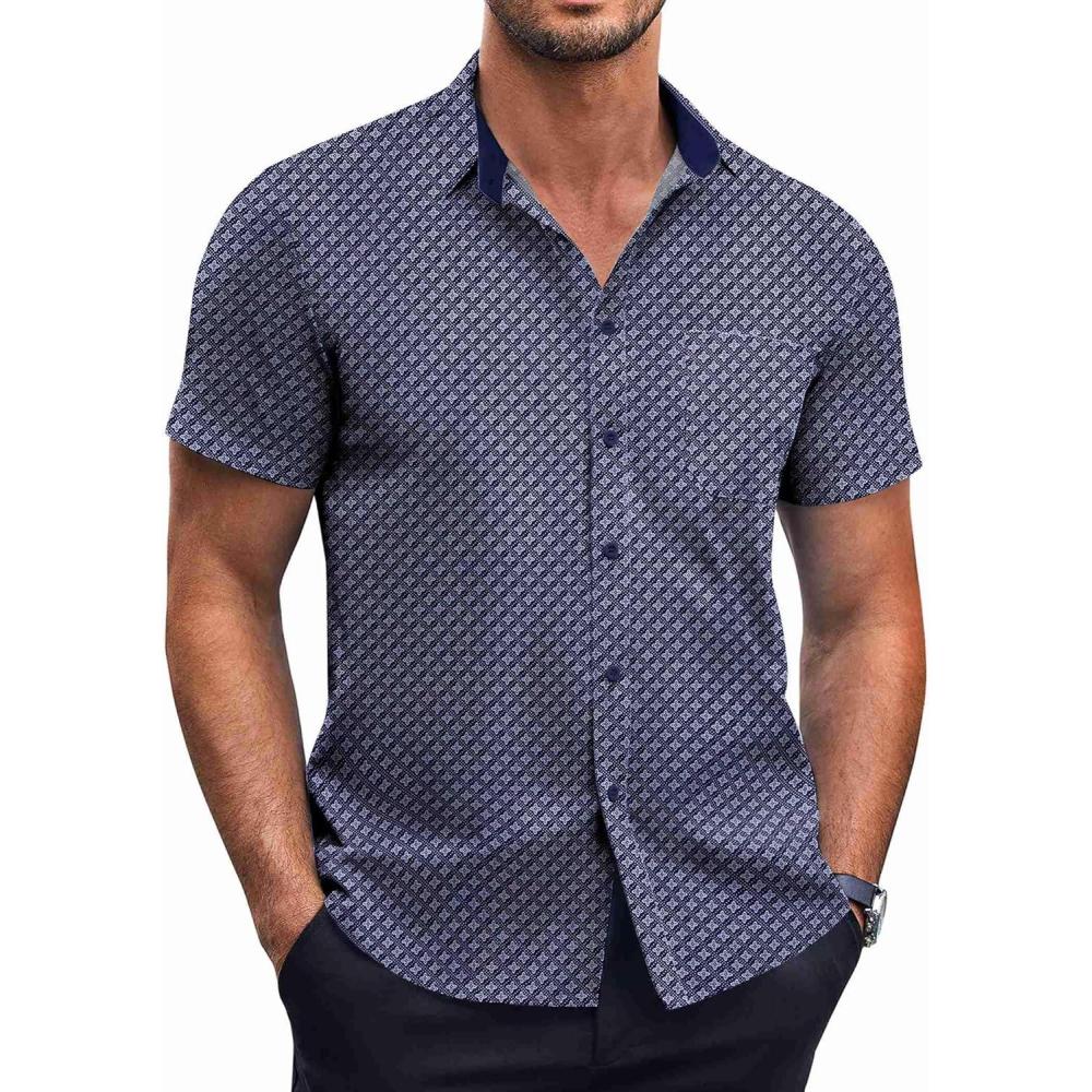 imageCOOFANDY Mens Short Sleeve Button Down Shirts Wrinkle Free Dress Shirts Casual Polka Dot Print Shirt with PocketBluewindmill