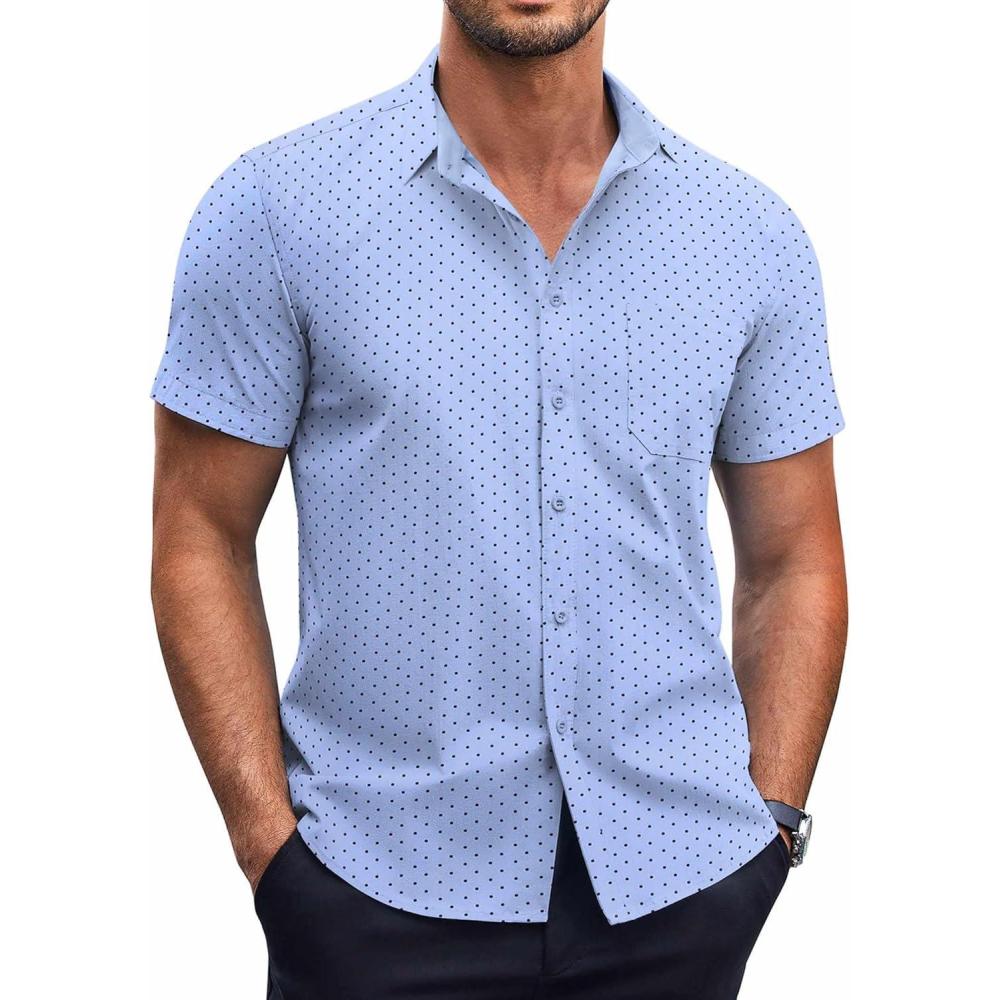 imageCOOFANDY Mens Short Sleeve Button Down Shirts Wrinkle Free Dress Shirts Casual Polka Dot Print Shirt with PocketClear Blue