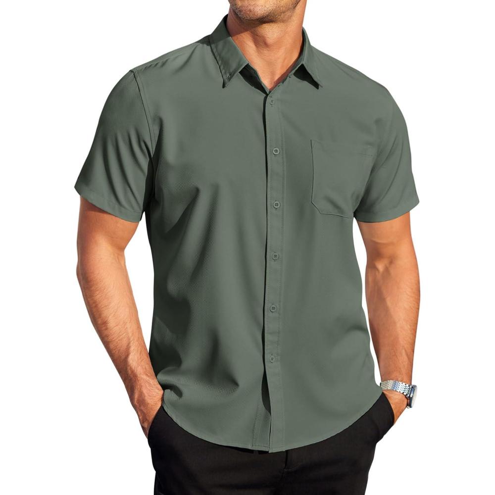 imageCOOFANDY Mens Short Sleeve Button Down Shirts Wrinkle Free Dress Shirts Casual Polka Dot Print Shirt with PocketDark Army Green