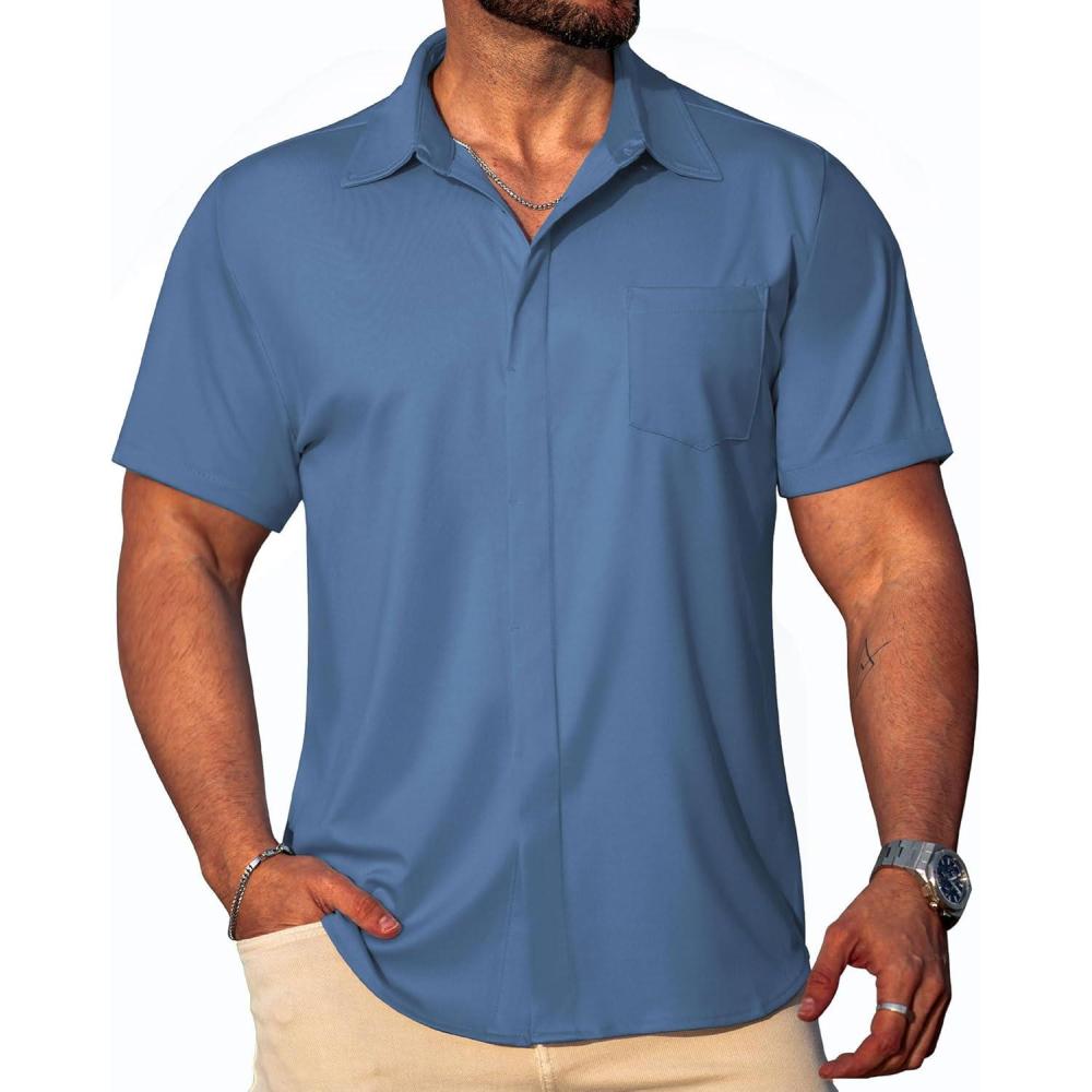 imageCOOFANDY Mens Short Sleeve Button Down Shirts Wrinkle Free Dress Shirts Casual Polka Dot Print Shirt with PocketDeep Blue