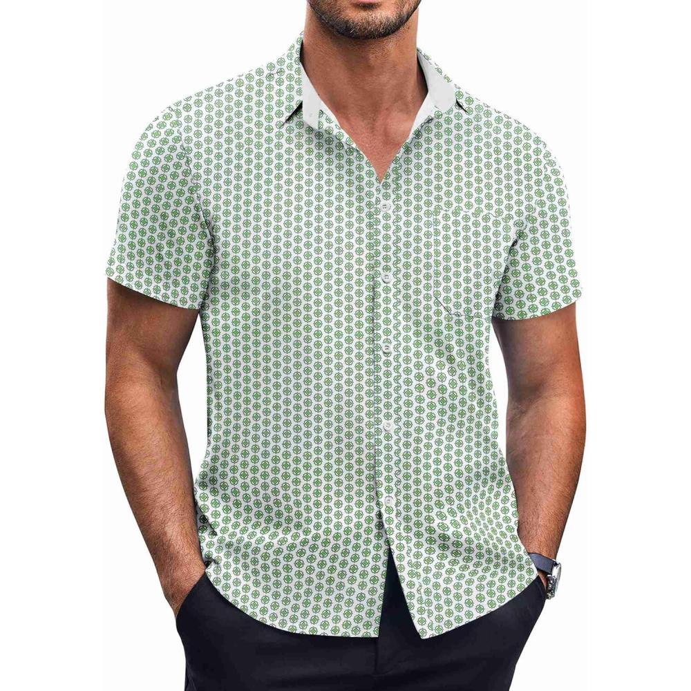 imageCOOFANDY Mens Short Sleeve Button Down Shirts Wrinkle Free Dress Shirts Casual Polka Dot Print Shirt with PocketGreen