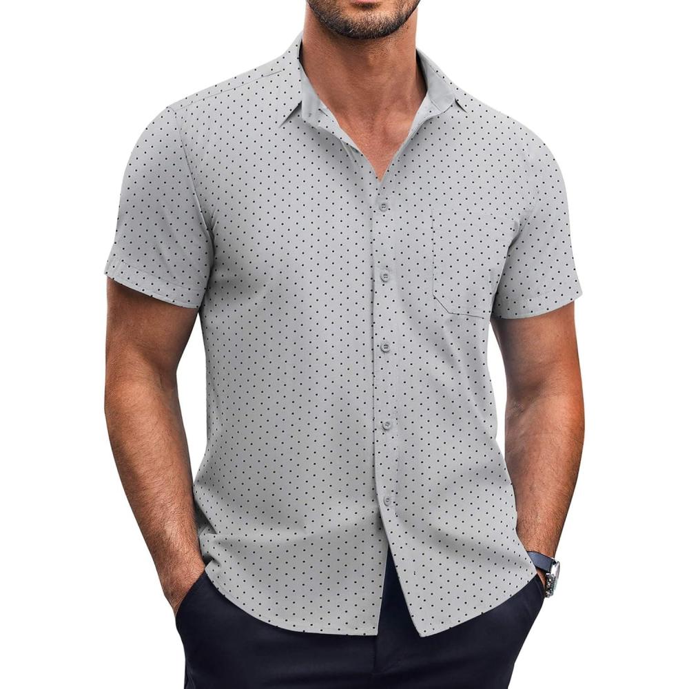 imageCOOFANDY Mens Short Sleeve Button Down Shirts Wrinkle Free Dress Shirts Casual Polka Dot Print Shirt with PocketGrey