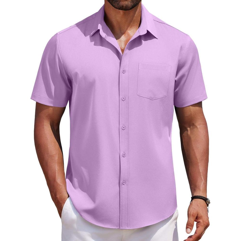 imageCOOFANDY Mens Short Sleeve Button Down Shirts Wrinkle Free Dress Shirts Casual Polka Dot Print Shirt with PocketLavender Frost