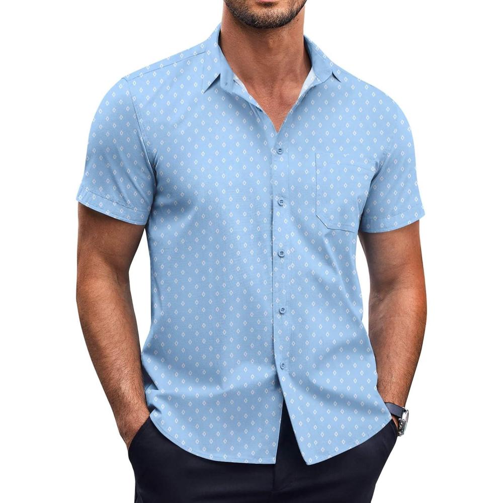 imageCOOFANDY Mens Short Sleeve Button Down Shirts Wrinkle Free Dress Shirts Casual Polka Dot Print Shirt with PocketLight Bluerhombic