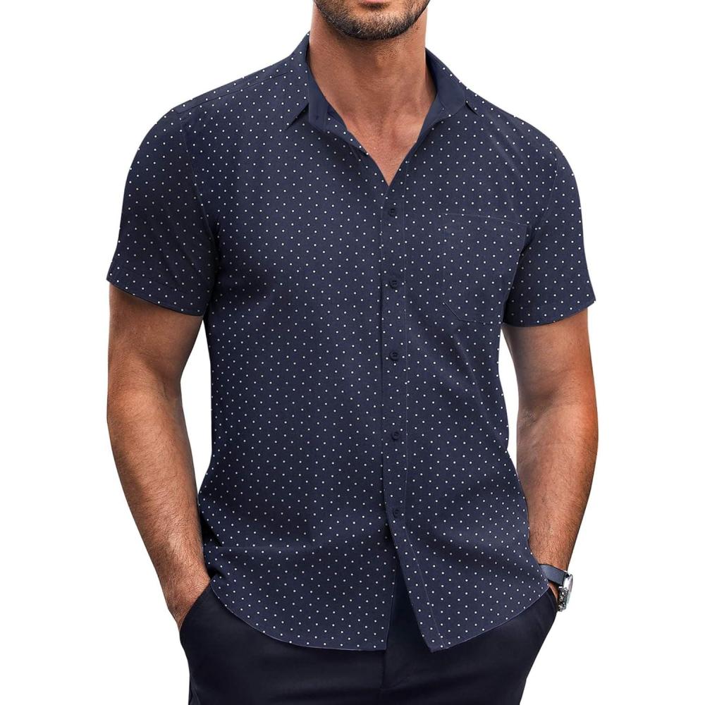 imageCOOFANDY Mens Short Sleeve Button Down Shirts Wrinkle Free Dress Shirts Casual Polka Dot Print Shirt with PocketNavy Blue