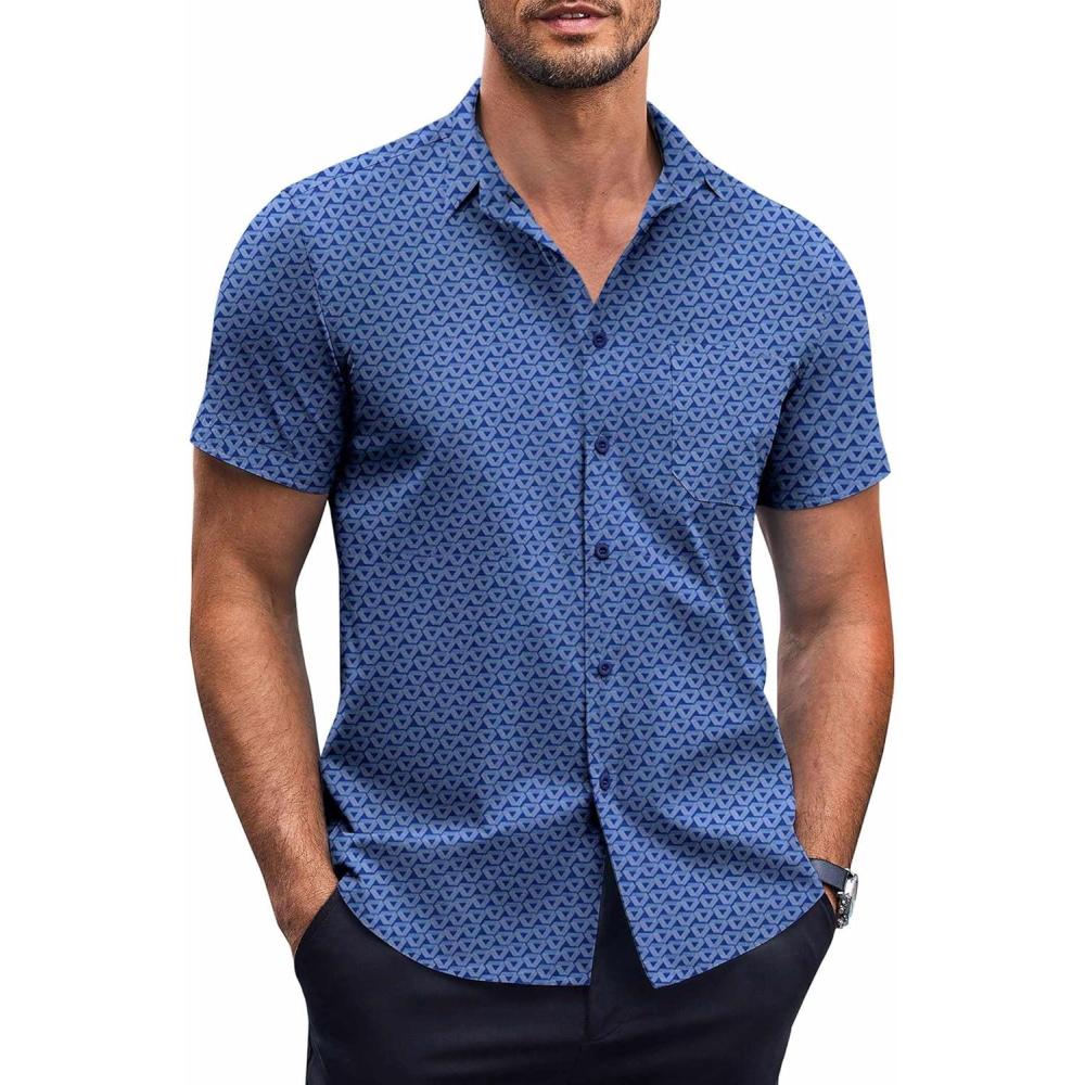 imageCOOFANDY Mens Short Sleeve Button Down Shirts Wrinkle Free Dress Shirts Casual Polka Dot Print Shirt with PocketNavytriangle