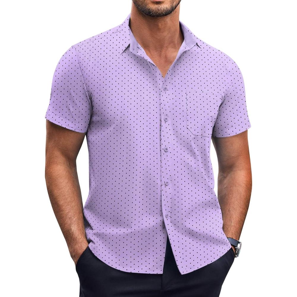 imageCOOFANDY Mens Short Sleeve Button Down Shirts Wrinkle Free Dress Shirts Casual Polka Dot Print Shirt with PocketPurple