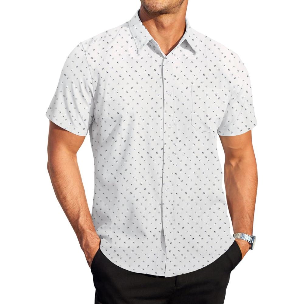 imageCOOFANDY Mens Short Sleeve Button Down Shirts Wrinkle Free Dress Shirts Casual Polka Dot Print Shirt with PocketWhite Print