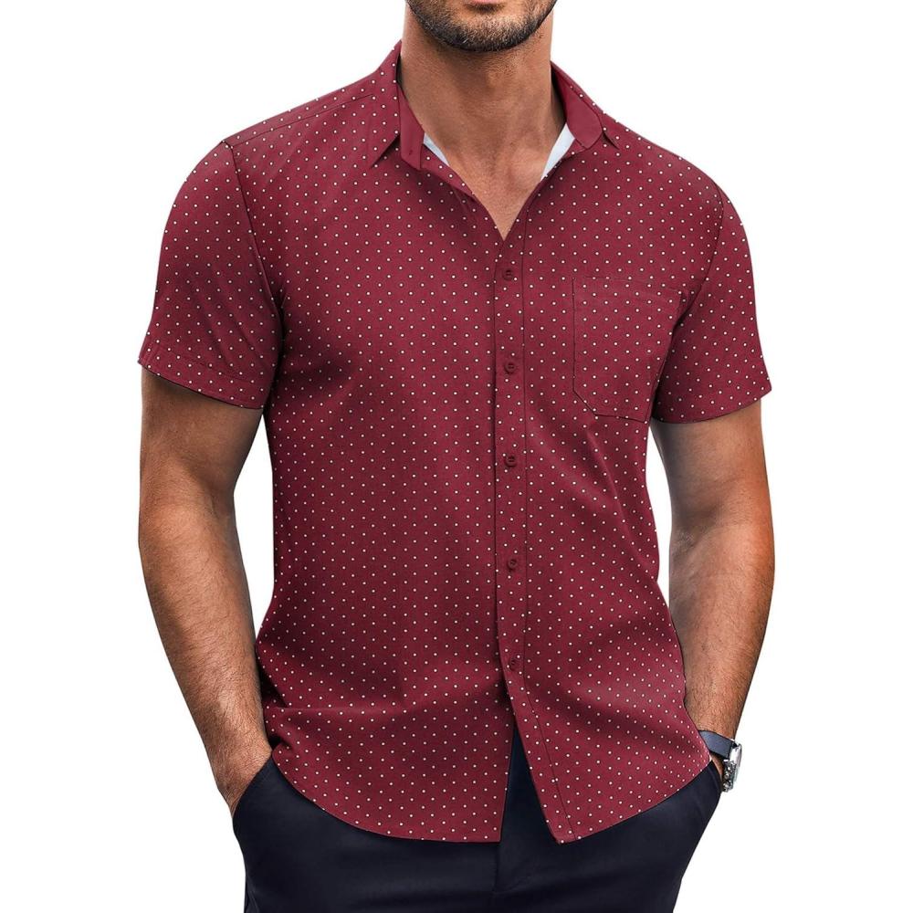imageCOOFANDY Mens Short Sleeve Button Down Shirts Wrinkle Free Dress Shirts Casual Polka Dot Print Shirt with PocketWine Red