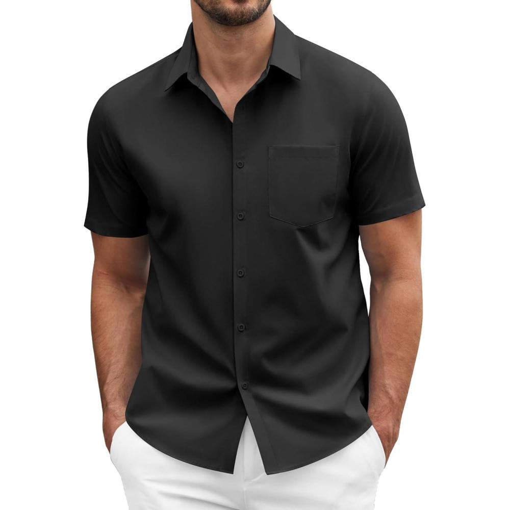 imageCOOFANDY Mens Short Sleeve Casual Button Down Shirt Business Untucked Dress Shirts with PocketBlack