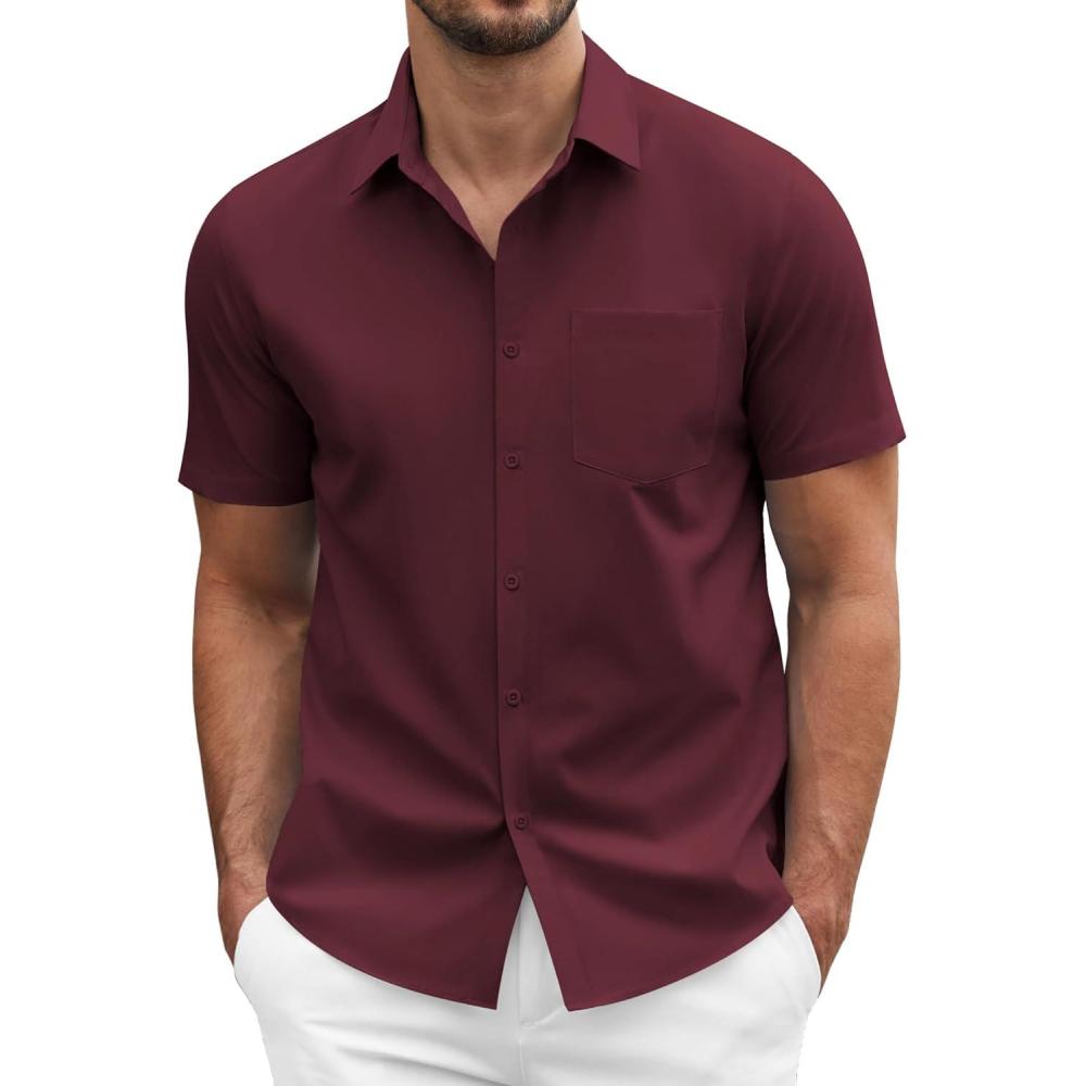 imageCOOFANDY Mens Short Sleeve Casual Button Down Shirt Business Untucked Dress Shirts with PocketDeep Red