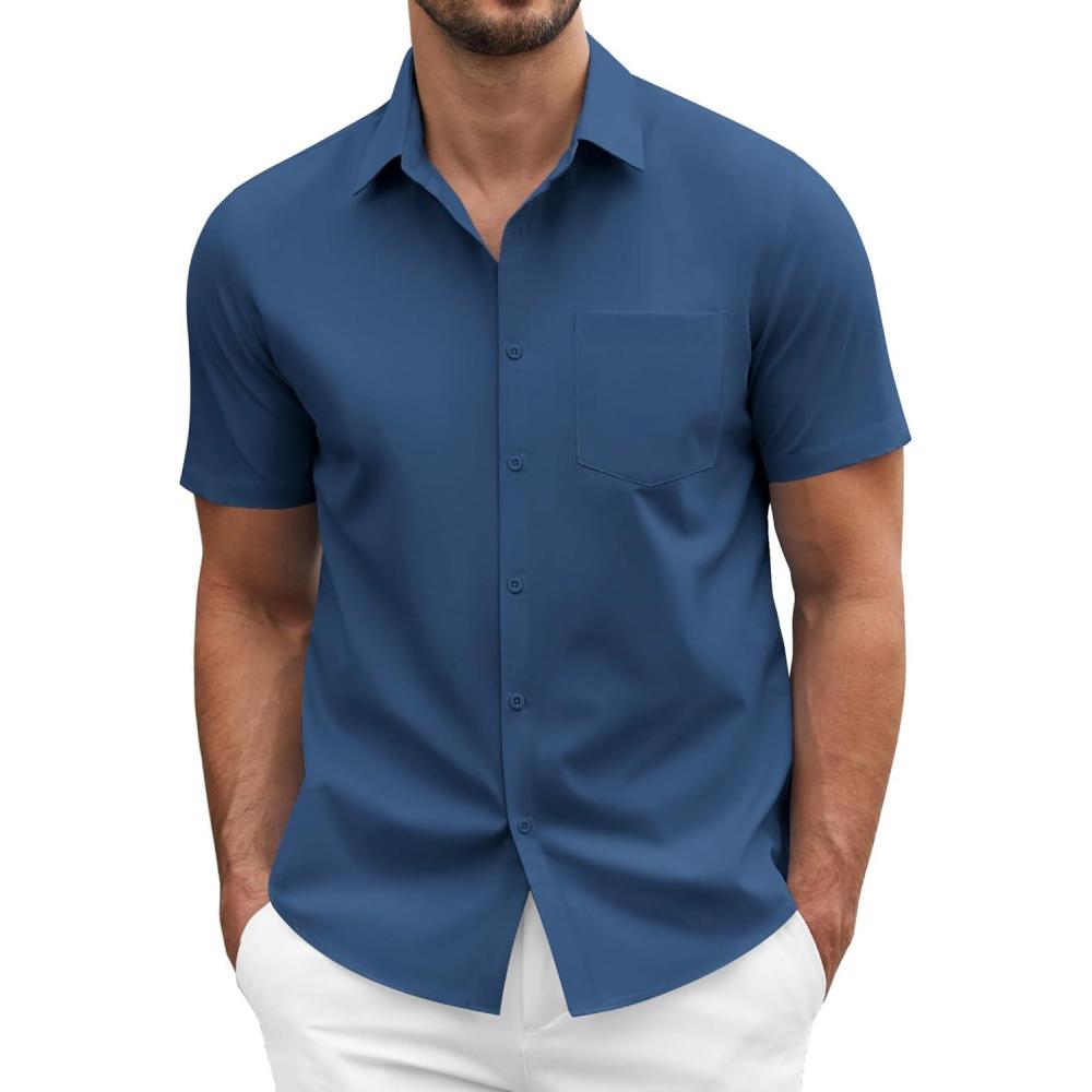 imageCOOFANDY Mens Short Sleeve Casual Button Down Shirt Business Untucked Dress Shirts with PocketNavy