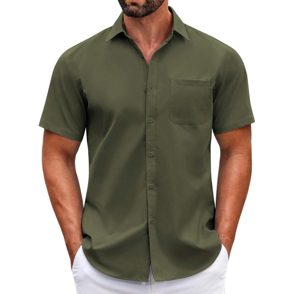 imageCOOFANDY Mens Short Sleeve Casual Button Down Shirts Summer Untucked Dress Shirts with PocketArmy Green