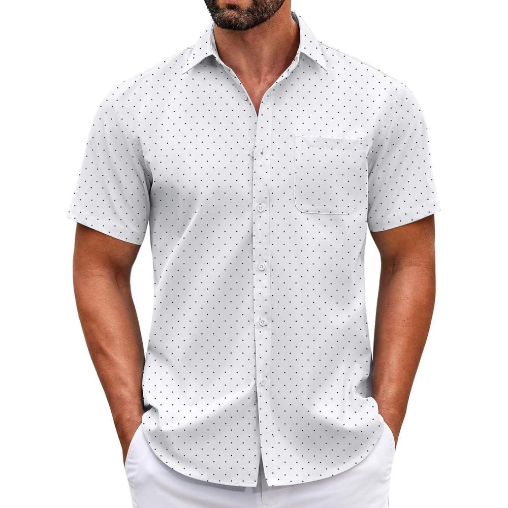 imageCOOFANDY Mens Short Sleeve Casual Button Down Shirts Summer Untucked Dress Shirts with PocketBlack Dotwhite