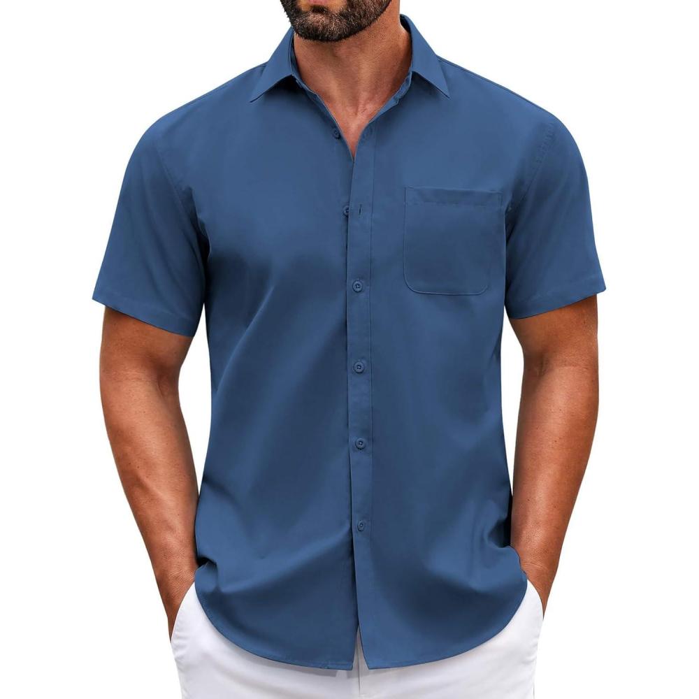imageCOOFANDY Mens Short Sleeve Casual Button Down Shirts Summer Untucked Dress Shirts with PocketBlue