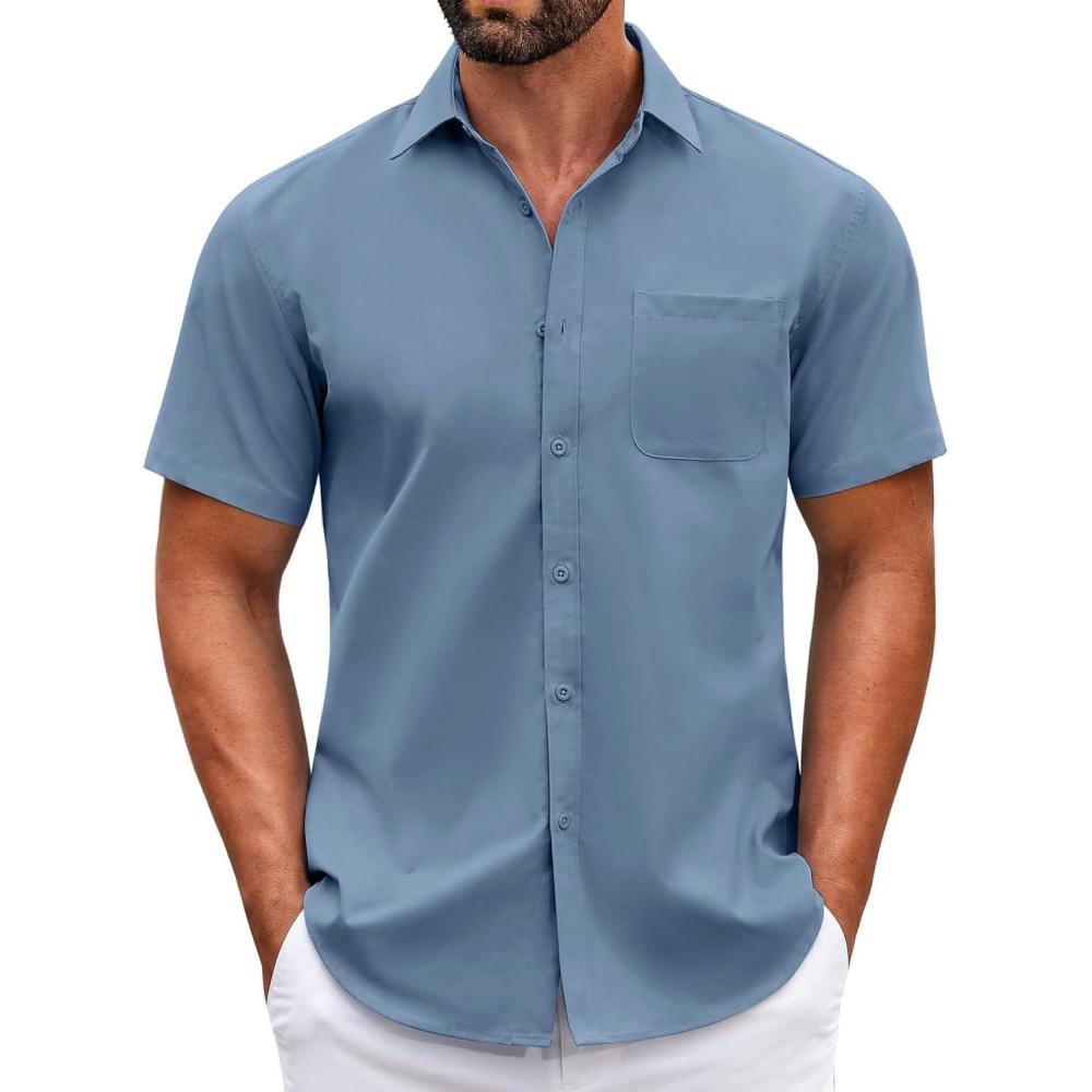 imageCOOFANDY Mens Short Sleeve Casual Button Down Shirts Summer Untucked Dress Shirts with PocketCaptain Blue