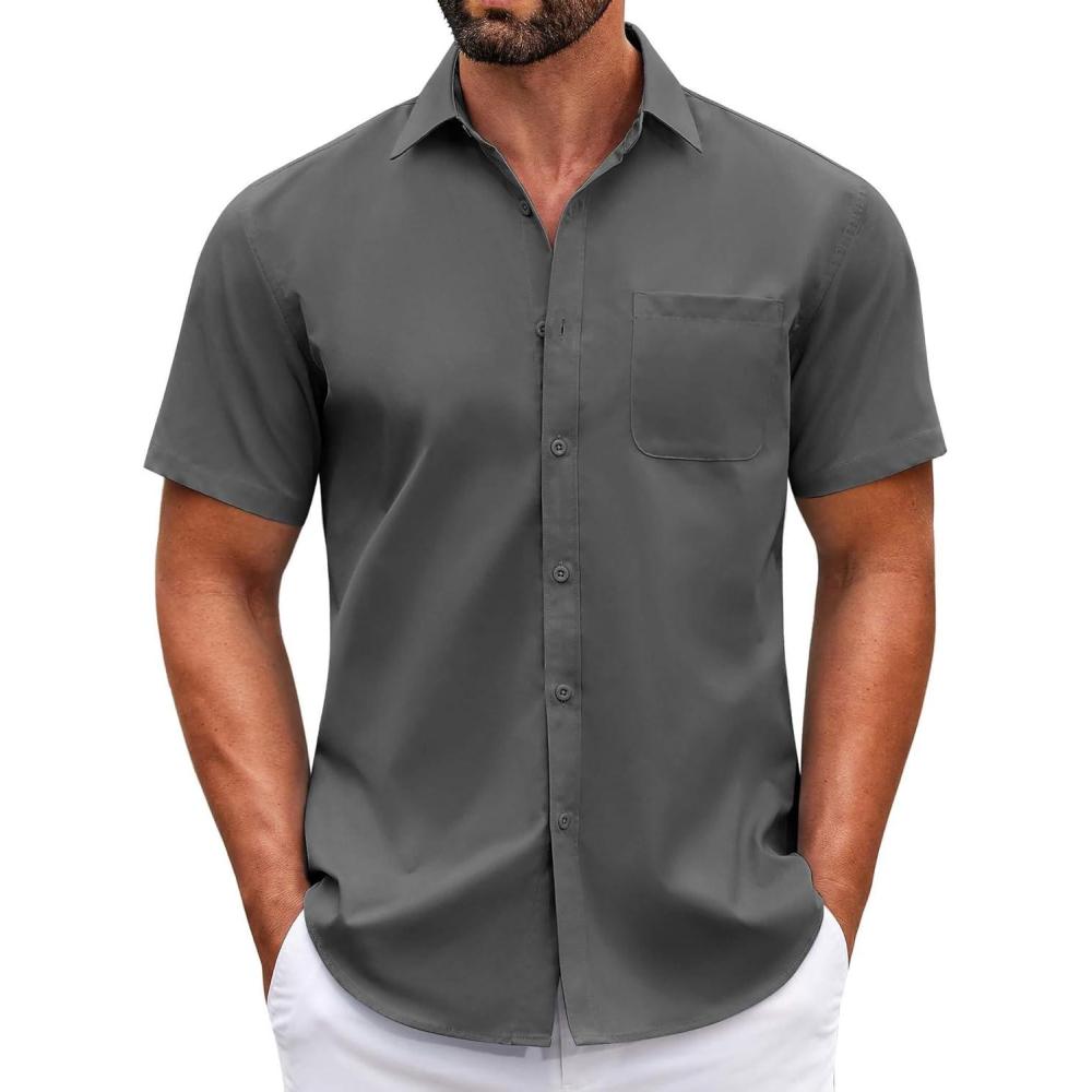 imageCOOFANDY Mens Short Sleeve Casual Button Down Shirts Summer Untucked Dress Shirts with PocketDark Grey