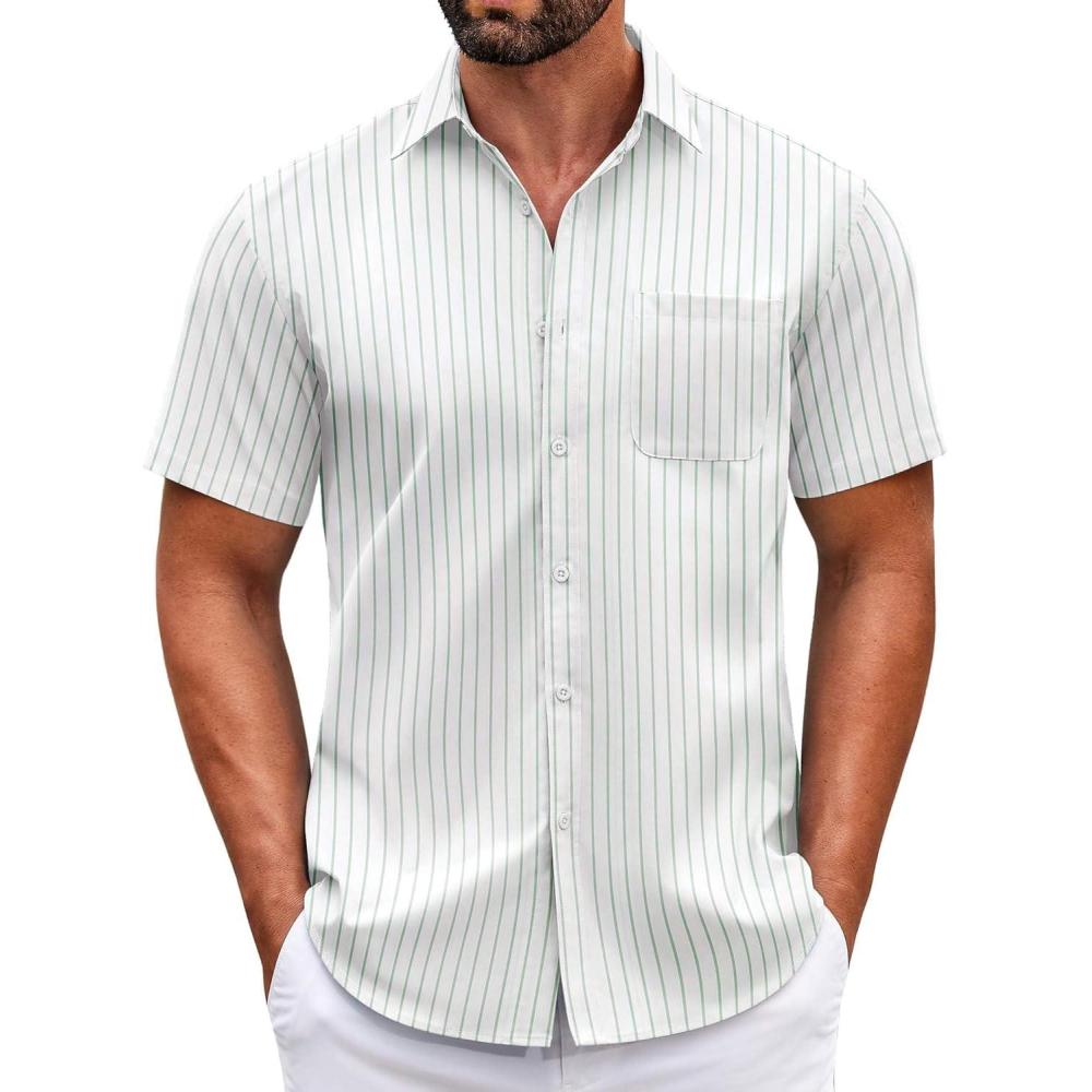 imageCOOFANDY Mens Short Sleeve Casual Button Down Shirts Summer Untucked Dress Shirts with PocketGreen Stripewhite