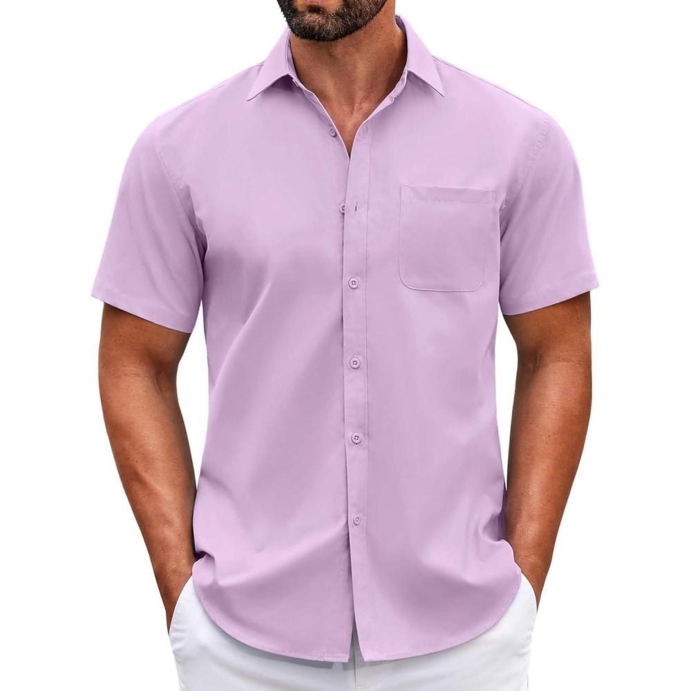 imageCOOFANDY Mens Short Sleeve Casual Button Down Shirts Summer Untucked Dress Shirts with PocketLavender
