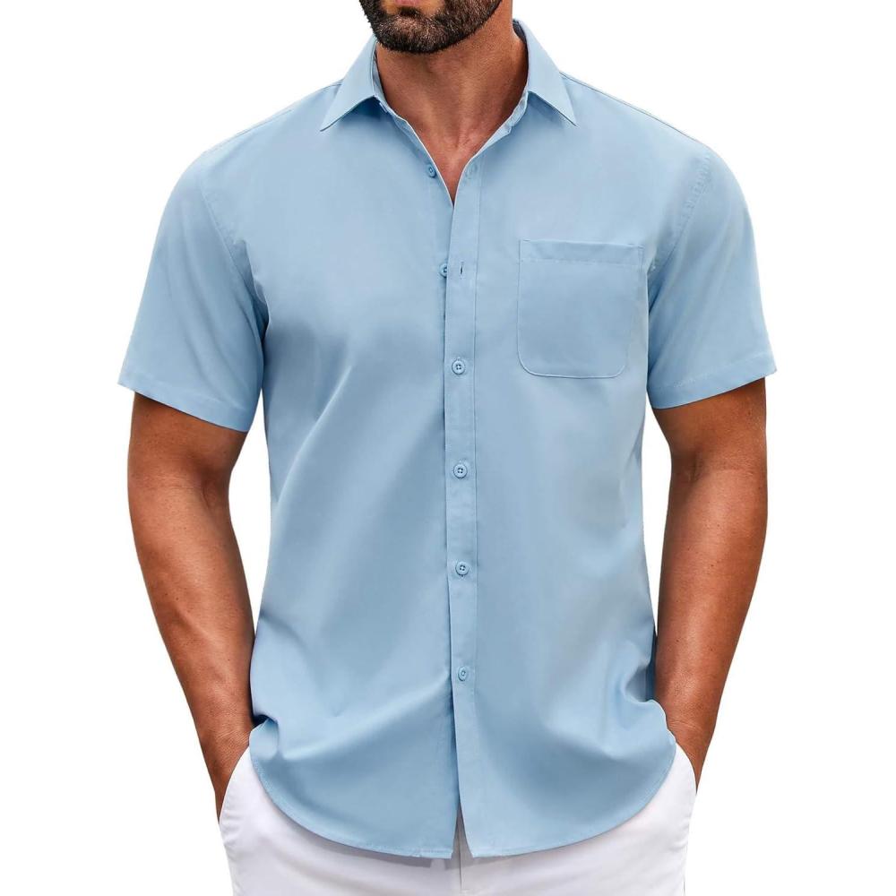 imageCOOFANDY Mens Short Sleeve Casual Button Down Shirts Summer Untucked Dress Shirts with PocketLight Blue