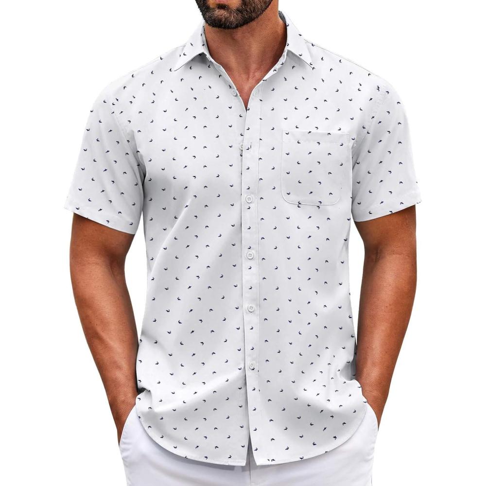 imageCOOFANDY Mens Short Sleeve Casual Button Down Shirts Summer Untucked Dress Shirts with PocketShark Patternwhite