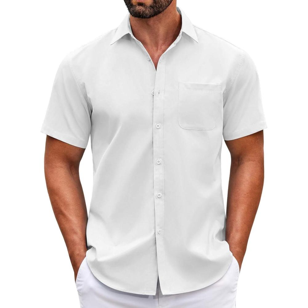 imageCOOFANDY Mens Short Sleeve Casual Button Down Shirts Summer Untucked Dress Shirts with PocketWhite