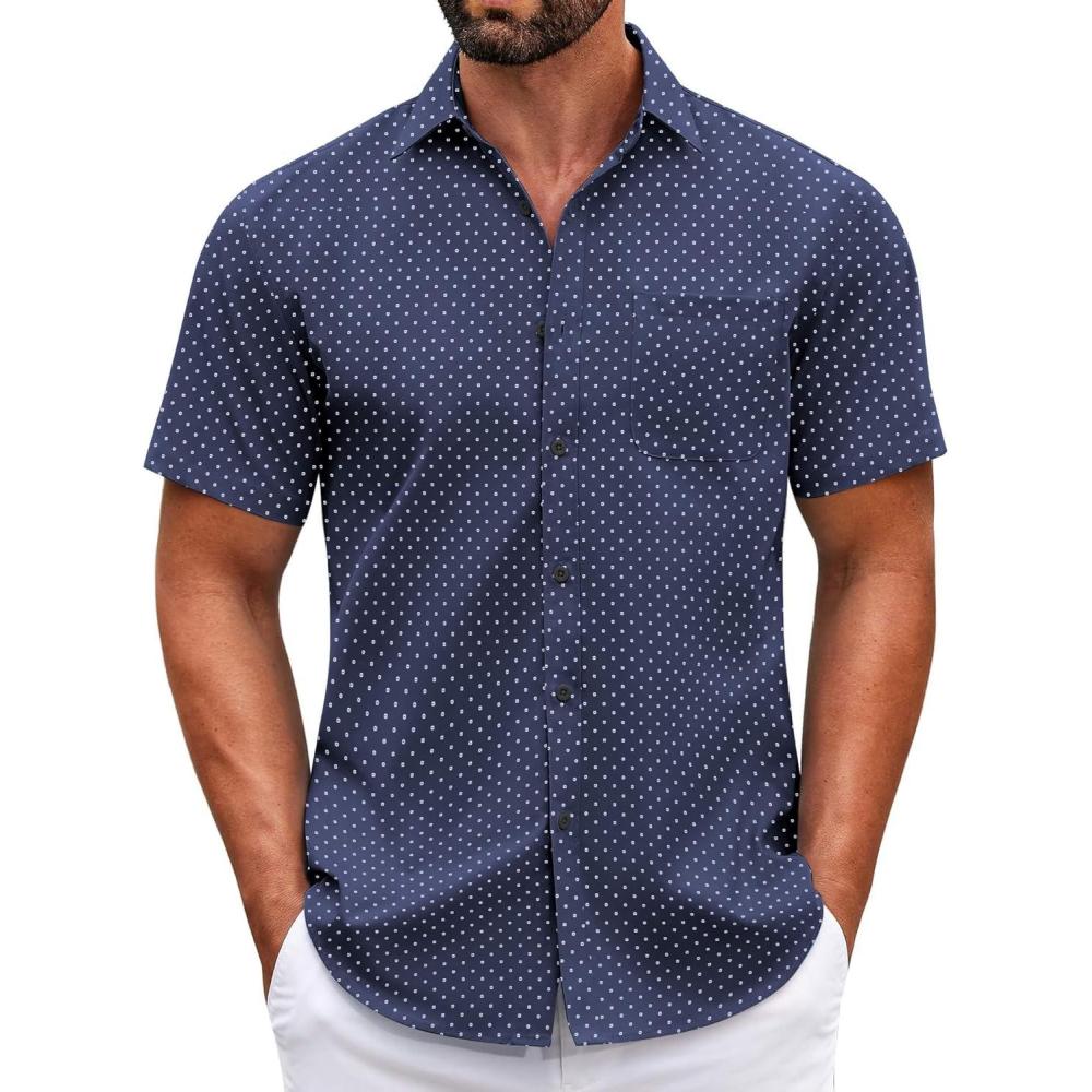 imageCOOFANDY Mens Short Sleeve Casual Button Down Shirts Summer Untucked Dress Shirts with PocketWhite Dotnavy Blue