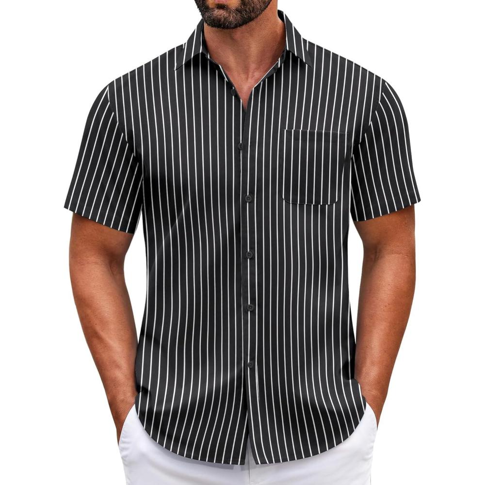 imageCOOFANDY Mens Short Sleeve Casual Button Down Shirts Summer Untucked Dress Shirts with PocketWhite Stripeblack
