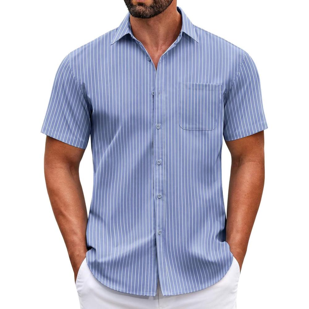 imageCOOFANDY Mens Short Sleeve Casual Button Down Shirts Summer Untucked Dress Shirts with PocketWhite Stripeblue