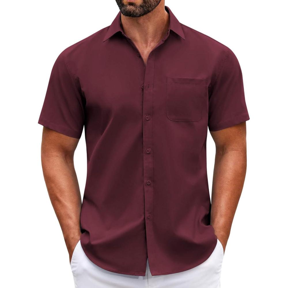 imageCOOFANDY Mens Short Sleeve Casual Button Down Shirts Summer Untucked Dress Shirts with PocketWine Red