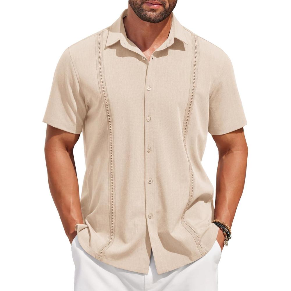 imageCOOFANDY Mens Short Sleeve Cuban Guayabera Shirt Casual Summer Beach Button Down ShirtsAchampagne