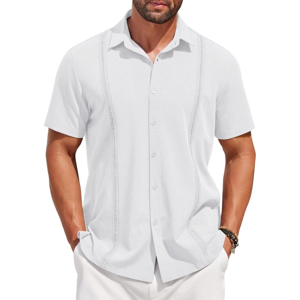 imageCOOFANDY Mens Short Sleeve Cuban Guayabera Shirt Casual Summer Beach Button Down ShirtsAwhite