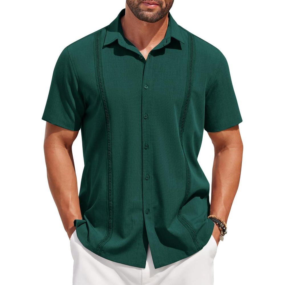 imageCOOFANDY Mens Short Sleeve Cuban Guayabera Shirt Casual Summer Beach Button Down ShirtsDark Green