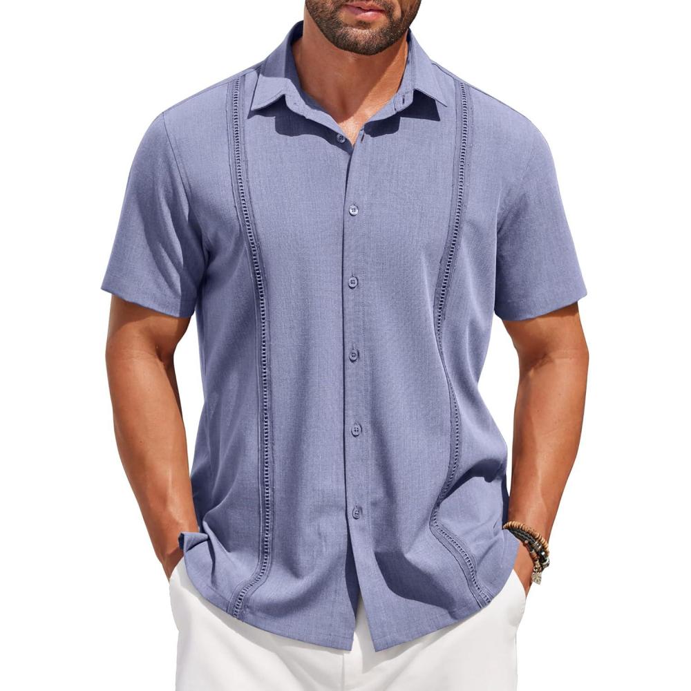 imageCOOFANDY Mens Short Sleeve Cuban Guayabera Shirt Casual Summer Beach Button Down ShirtsGrey Blue
