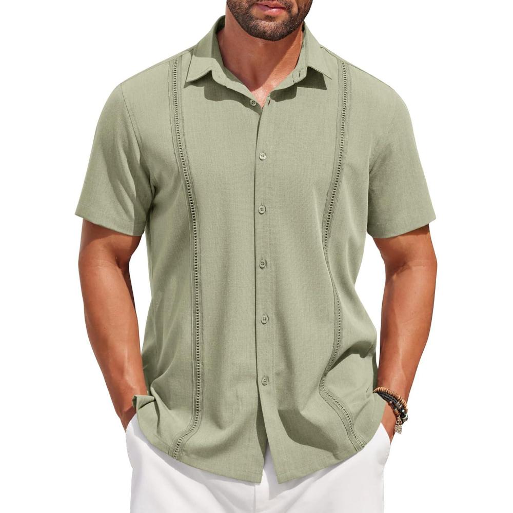 imageCOOFANDY Mens Short Sleeve Cuban Guayabera Shirt Casual Summer Beach Button Down ShirtsLight Green