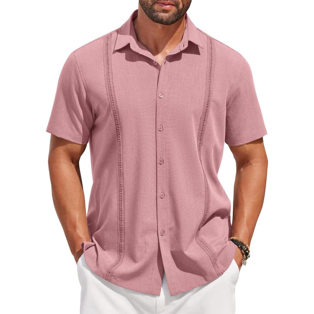 imageCOOFANDY Mens Short Sleeve Cuban Guayabera Shirt Casual Summer Beach Button Down ShirtsLight Pink
