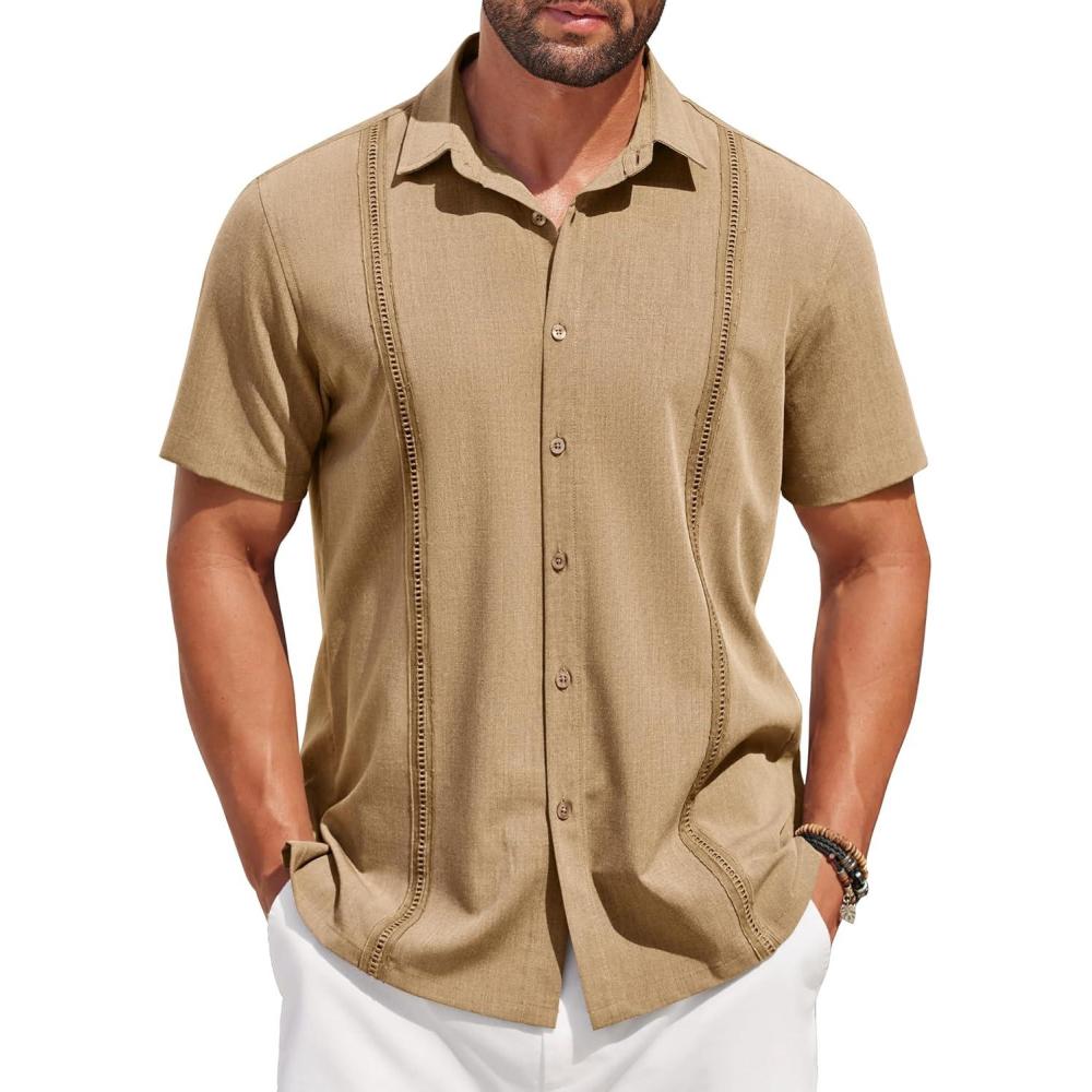 imageCOOFANDY Mens Short Sleeve Cuban Guayabera Shirt Casual Summer Beach Button Down ShirtsLight Tan