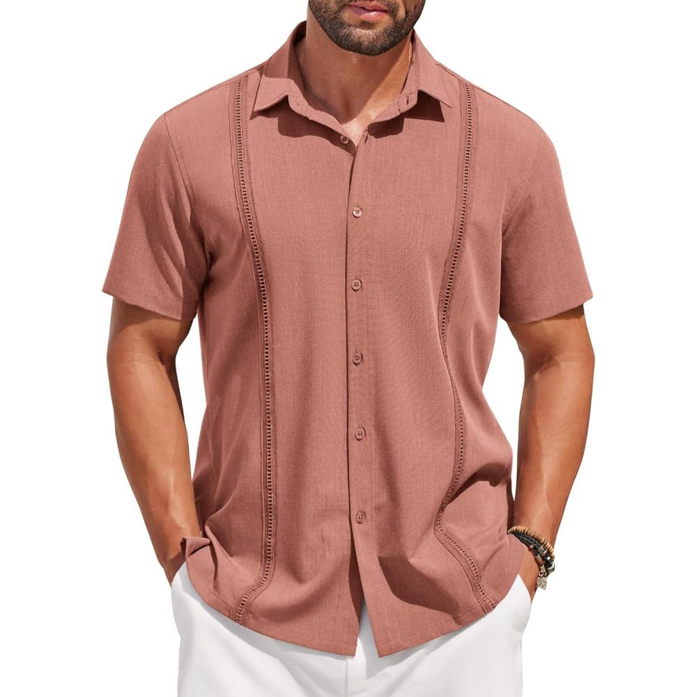 imageCOOFANDY Mens Short Sleeve Cuban Guayabera Shirt Casual Summer Beach Button Down ShirtsPink
